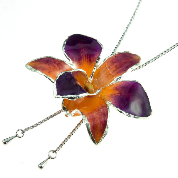 Dendrobium Orchid Silver Slider Necklace with Trim - Purple Orange