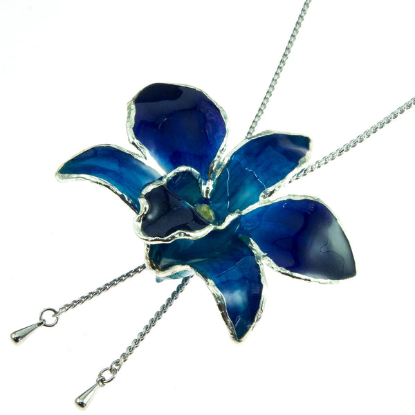 Dendrobium Orchid Silver Slider Necklace with Trim - Purple Blue