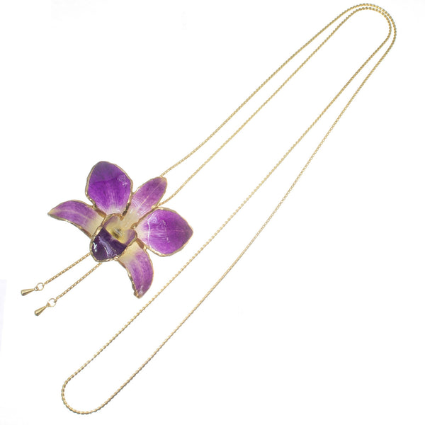 Dendrobium Orchid Gold Slider Necklace with Trim - Purple & Blue