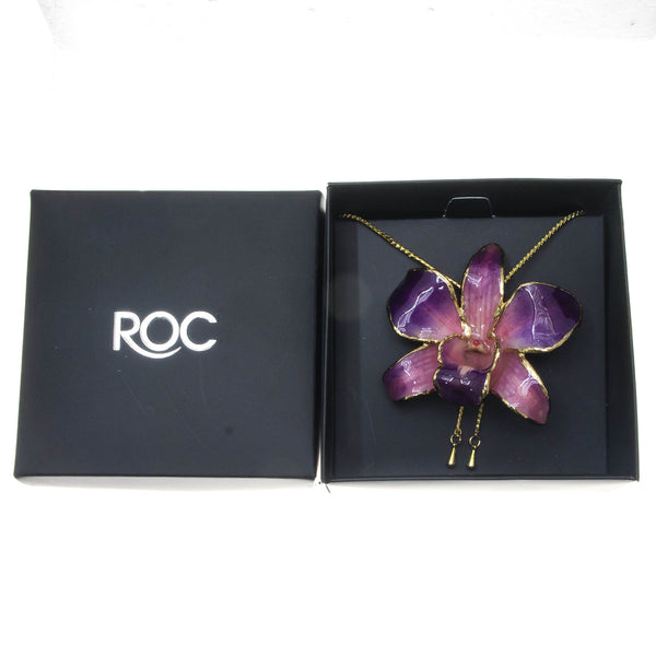 Dendrobium Orchid Gold Slider Necklace with Trim - Purple & Pink