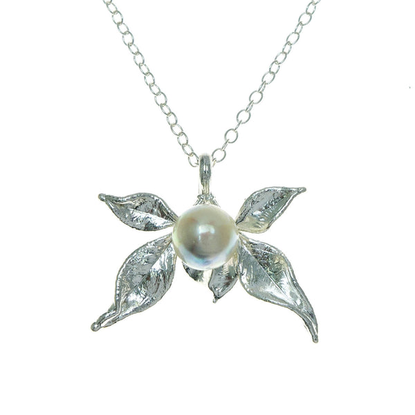 Miniature Silver Nandina Leaf Pendant with Pearl