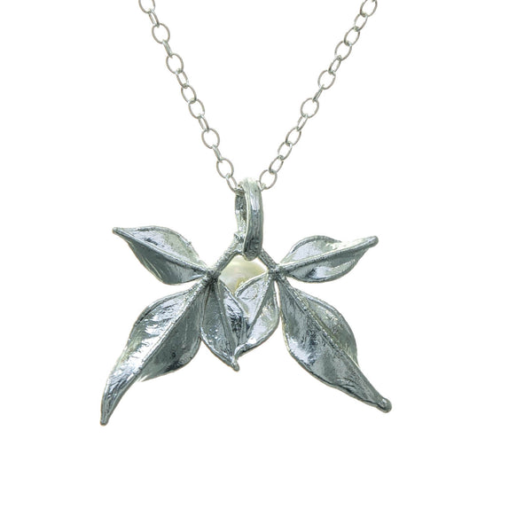 Miniature Silver Nandina Leaf Pendant with Pearl