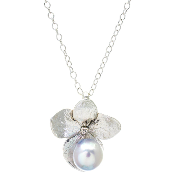 Miniature Silver Hydrangea Pendant with Pearl