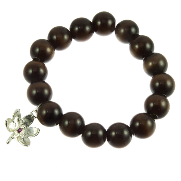 Dark Brown Glass Bead and Silver Orchid (Ruby) Bracelet