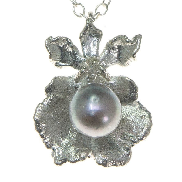 Miniature Silver Oncidium Orchid Pendant with Pearl