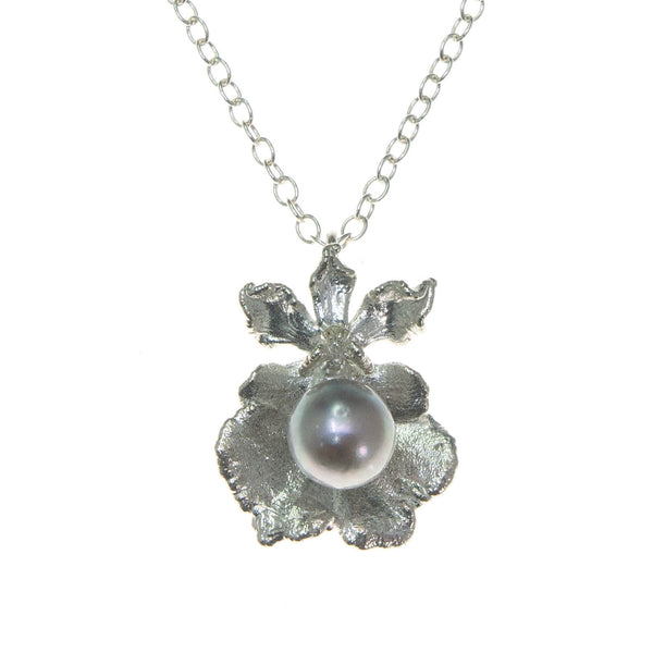 Miniature Silver Oncidium Orchid Pendant with Pearl