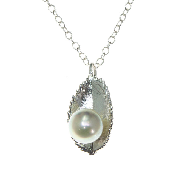 Miniature Silver Rose Leaf Pendant with Pearl