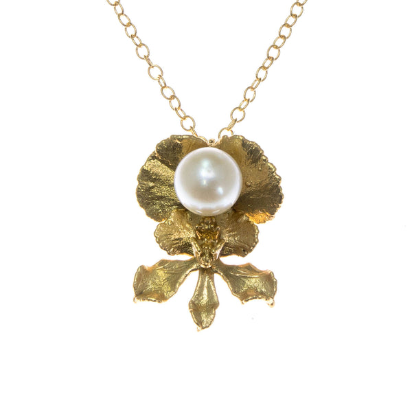 Miniature Gold Inverted Oncidium Orchid Pendant with Pearl
