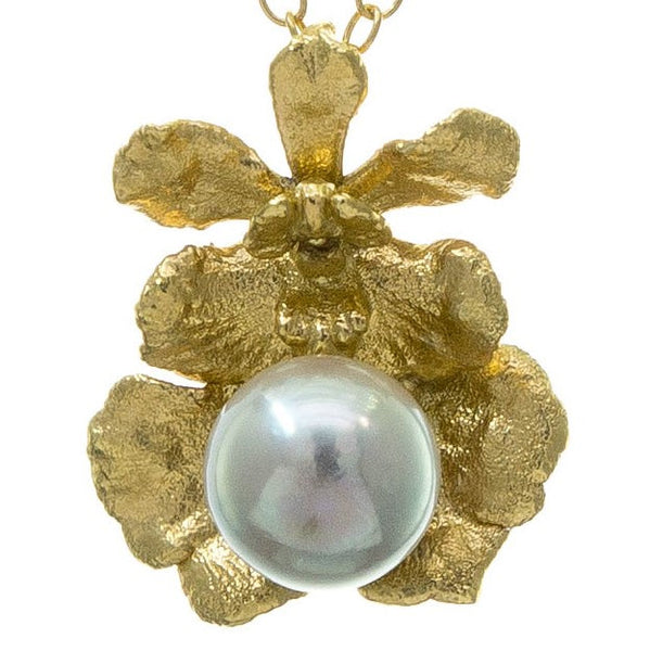 Miniature Gold Oncidium Orchid Pendant with Pearl