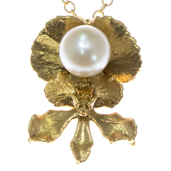 Miniature Gold Inverted Oncidium Orchid Pendant with Pearl