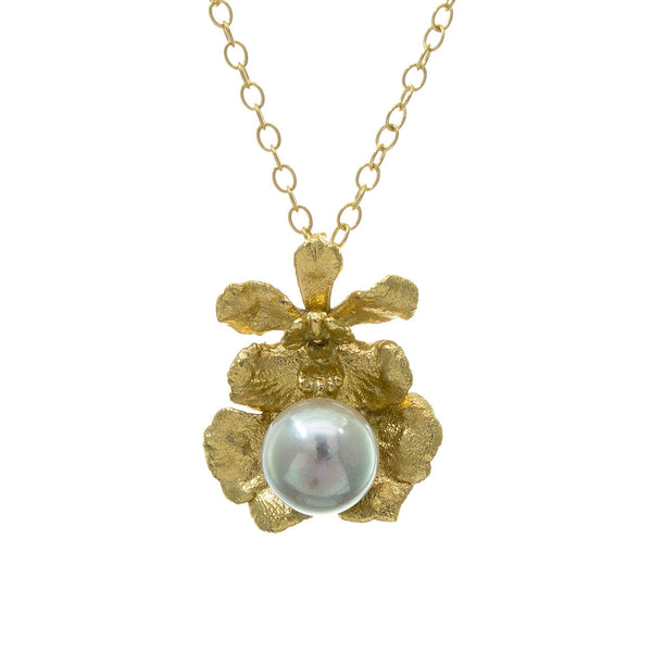 Miniature Gold Oncidium Orchid Pendant with Pearl