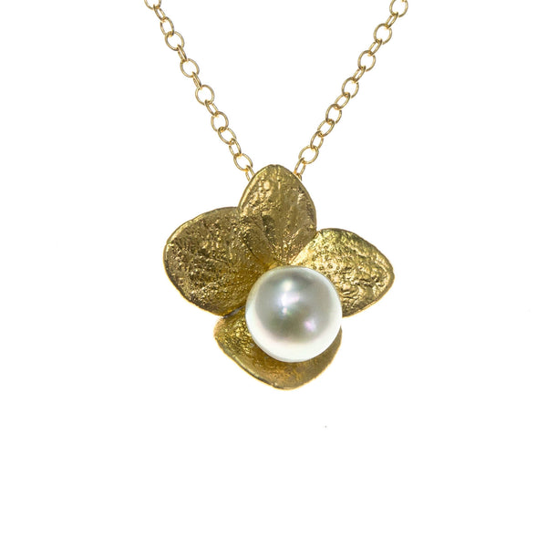 Miniature Gold Hydrangea Pendant with Pearl