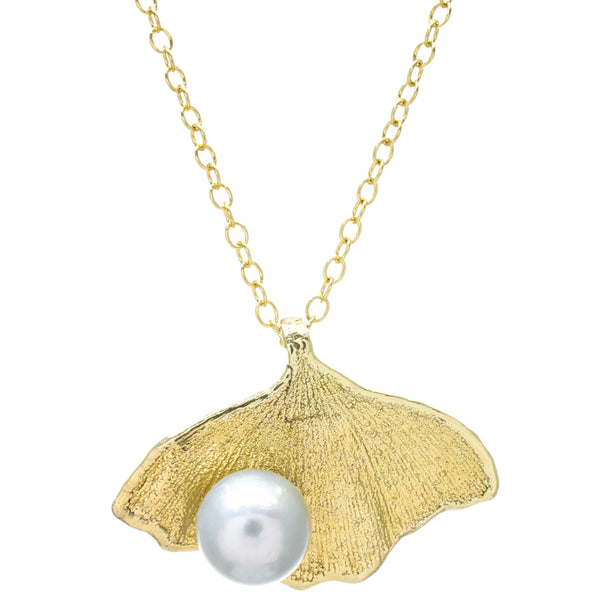 Miniature Gold Gingko Leaf Pendant with Pearl