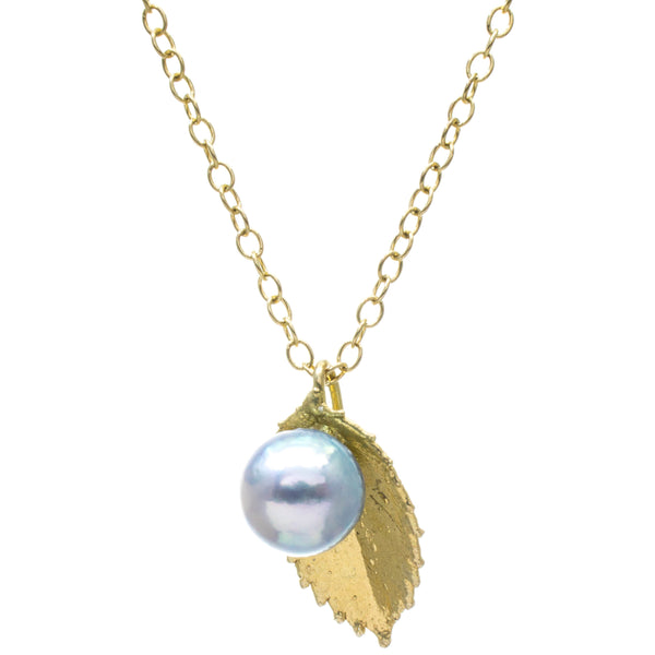 Miniature Gold Rose Leaf Pendant with Pearl