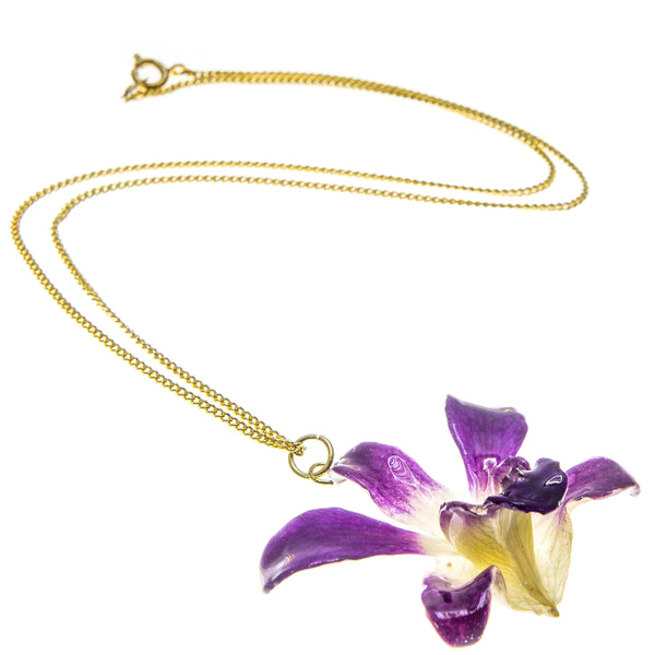 Petite Dendrobium Orchid Pendant - Purple & White